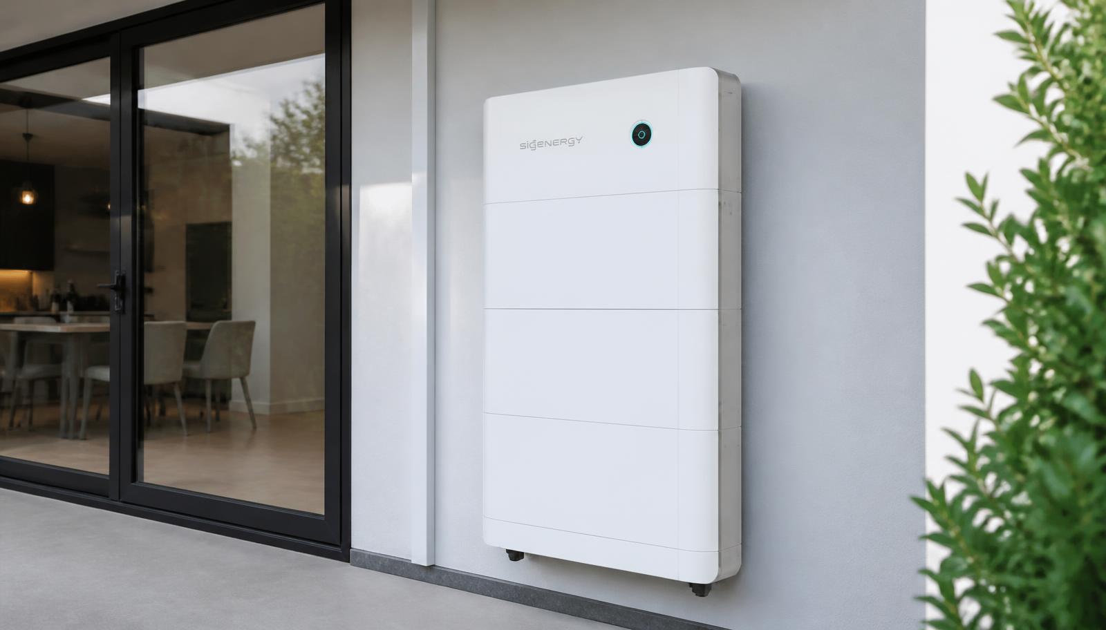 Modular home battery unit mounted on the exterior wall of a modern house
